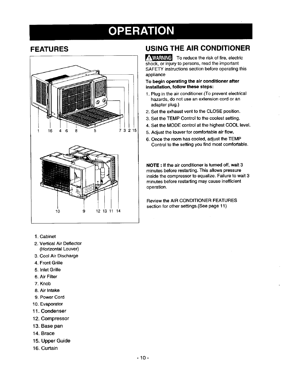 Using the air conditioner, Operation, Features | Kenmore 78122 User Manual | Page 10 / 52