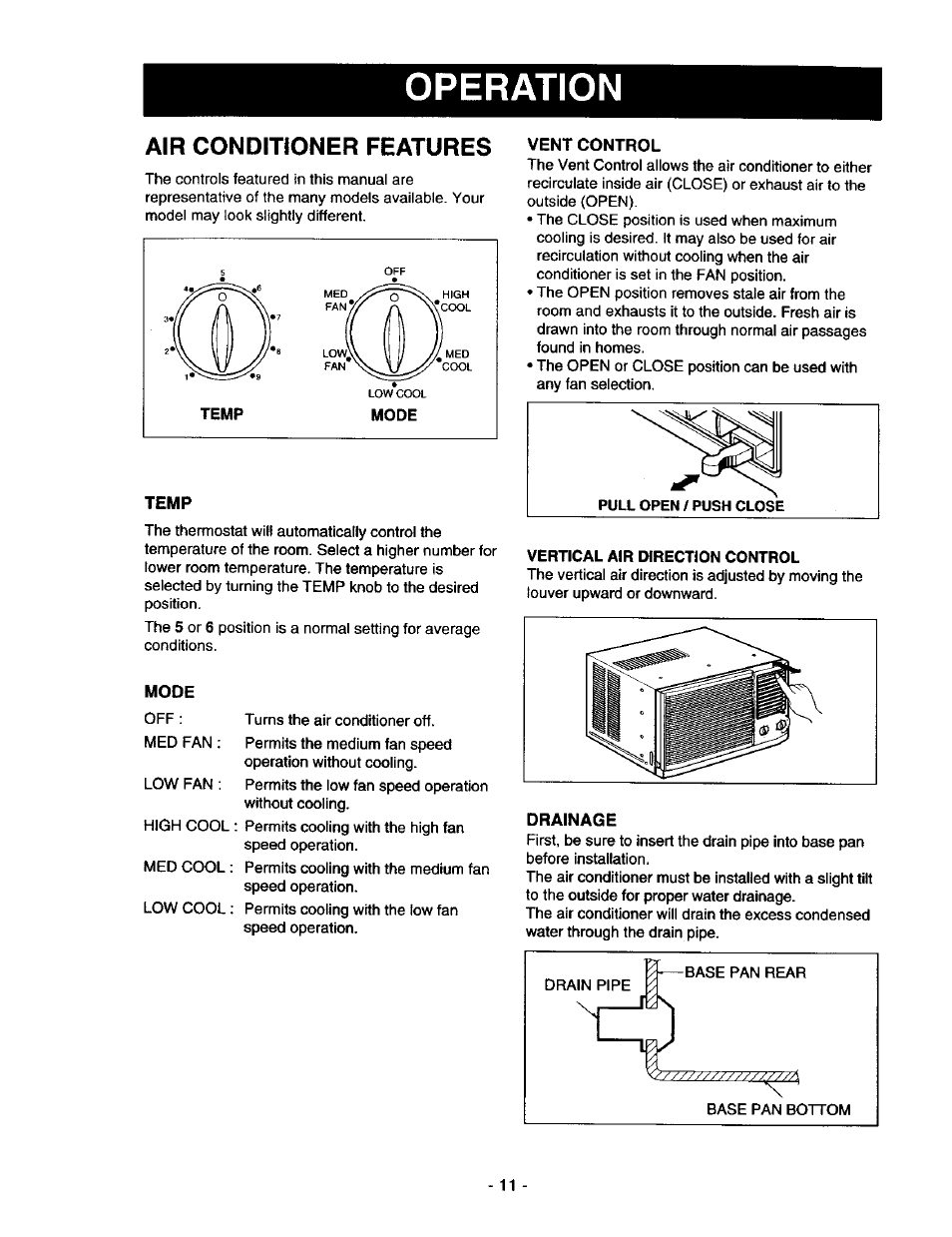 Air conditioner features, Temp, Vent control | Drainage, Operation | Kenmore 78122 User Manual | Page 11 / 52