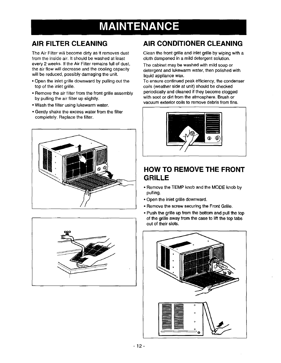 Air filter cleaning, Air conditioner cleaning, How to remove the front grille | Maintenance | Kenmore 78122 User Manual | Page 12 / 52