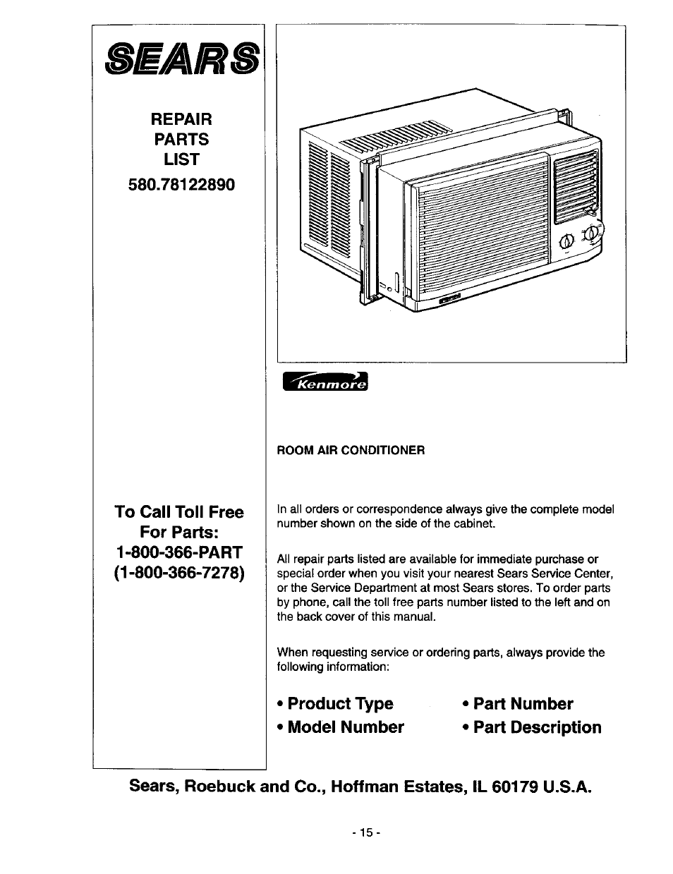 Repair, Parts, List | Product type, Model number, Part number part description | Kenmore 78122 User Manual | Page 15 / 52