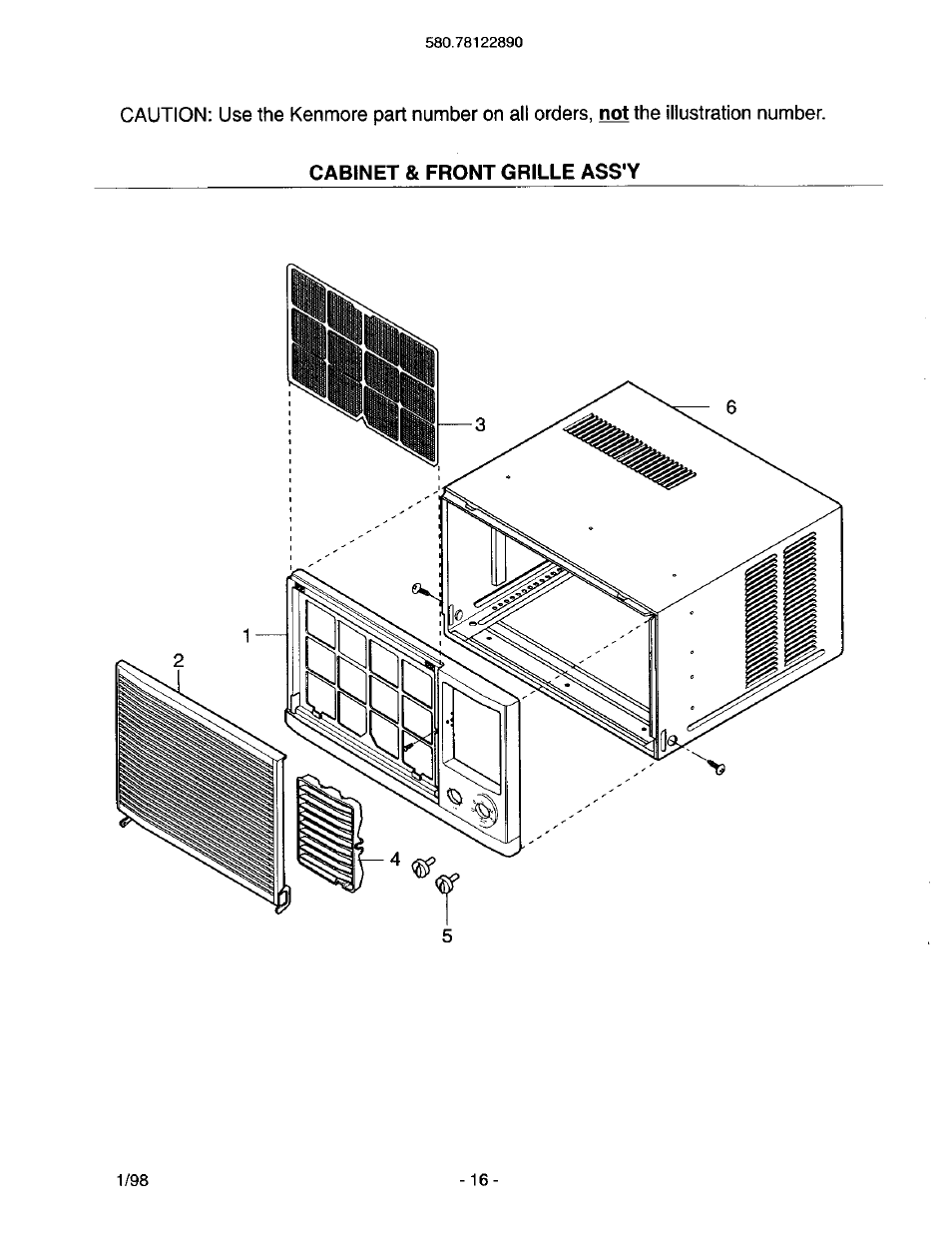 Cabinet & front grille ass'y | Kenmore 78122 User Manual | Page 16 / 52