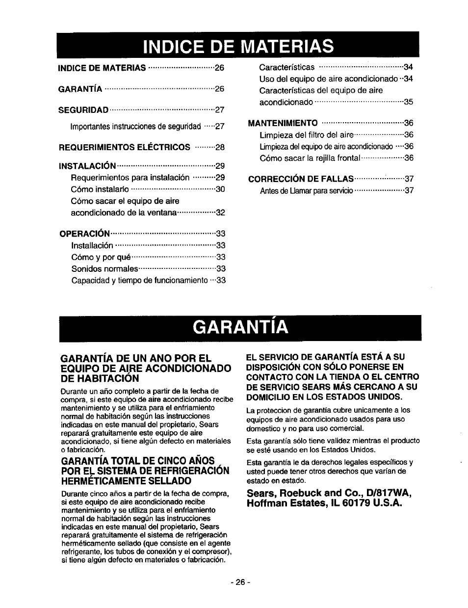 Indice de materias, Garantia | Kenmore 78122 User Manual | Page 26 / 52