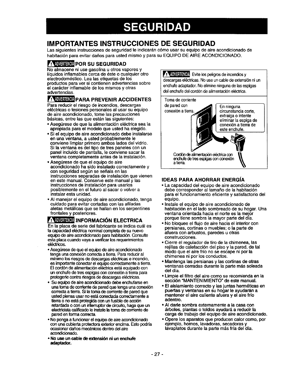 Importantes instrucciones de seguridad, Ehsfflpor su seguridad, 0para prevenir accidentes | Ios información electrica, Ideas para ahorrar energia, Importantes instrucciones de seguridad.27, Seguridad | Kenmore 78122 User Manual | Page 27 / 52