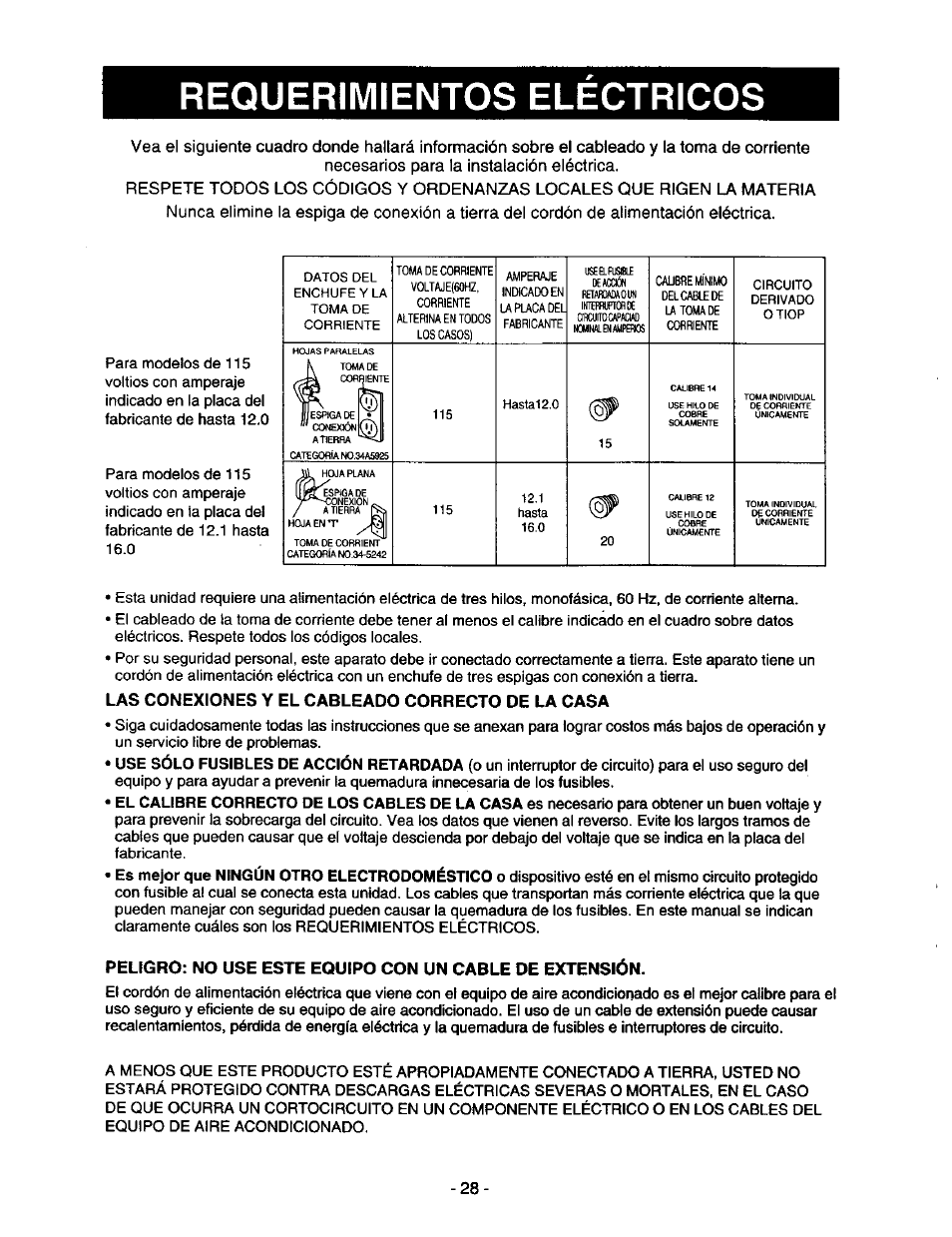 Las conexiones y el cableado correcto de la casa, Requerimientos electricos | Kenmore 78122 User Manual | Page 28 / 52