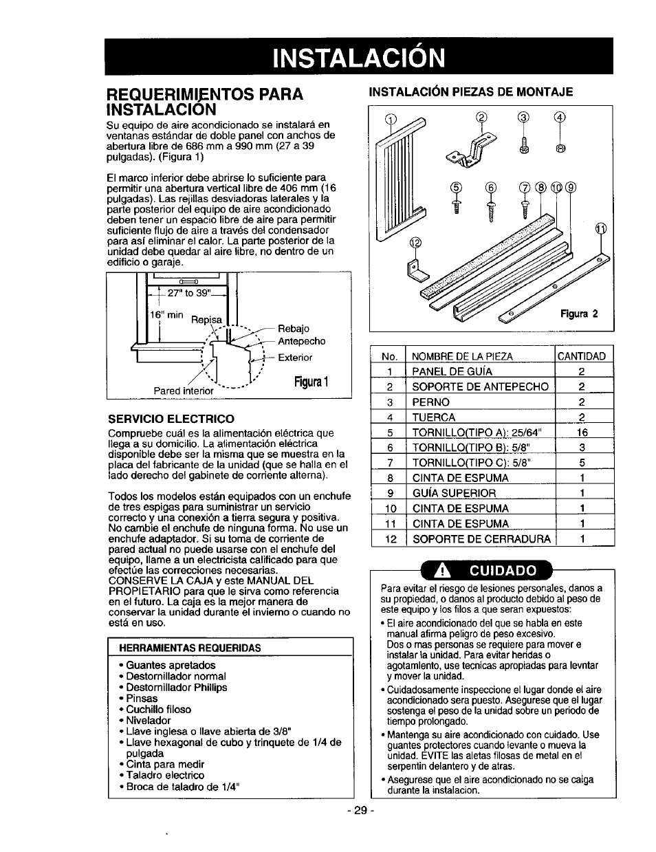 Requerimientos para instalacion, Servicio electrico, A cuidado | Requerimientos para instalación, Instalacion | Kenmore 78122 User Manual | Page 29 / 52