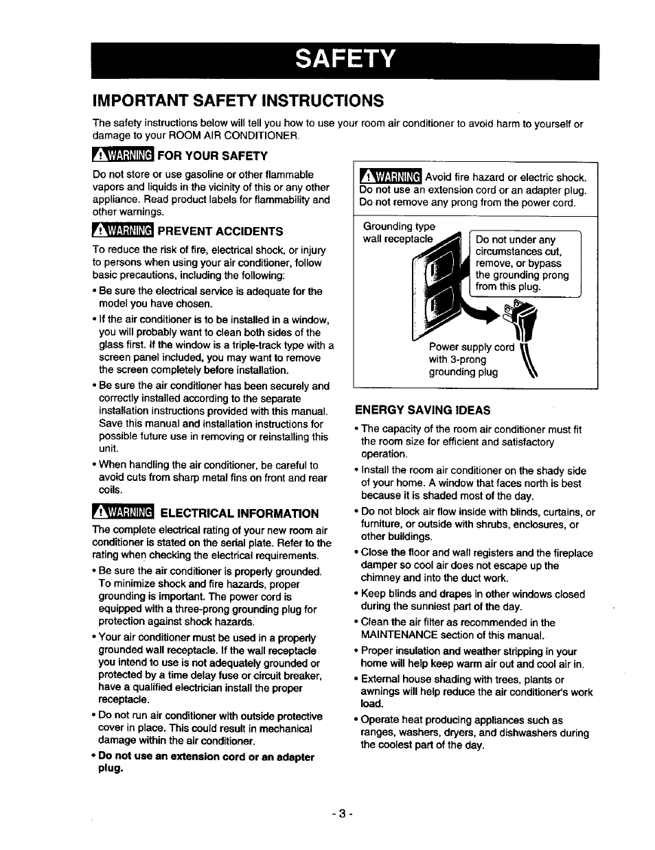 Important safety instructions, Riav/jajmm for your safety, Prevent accidents | Electrical information, Energy saving ideas, Safety | Kenmore 78122 User Manual | Page 3 / 52