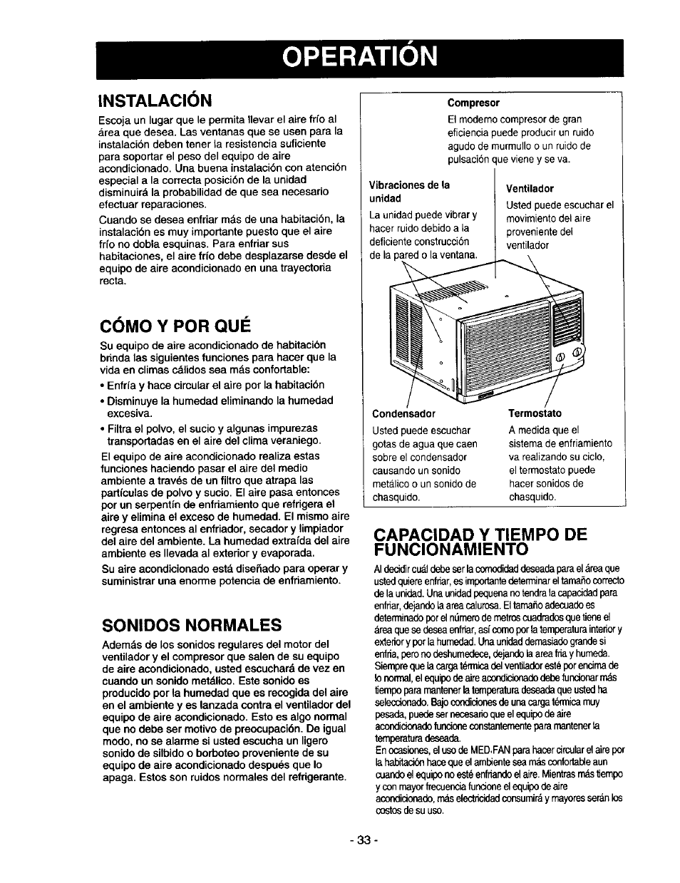 Como y por que, Sonidos normales, Capacidad y tiempo de funcionamiento | Cómo y porqué, Operation, Instalacion como y por que | Kenmore 78122 User Manual | Page 33 / 52