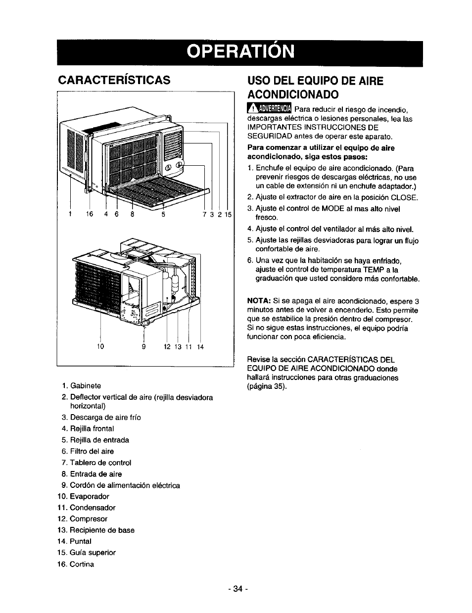 Caracteristicas, Características, Operation | Del equipo de aire acondicionado | Kenmore 78122 User Manual | Page 34 / 52