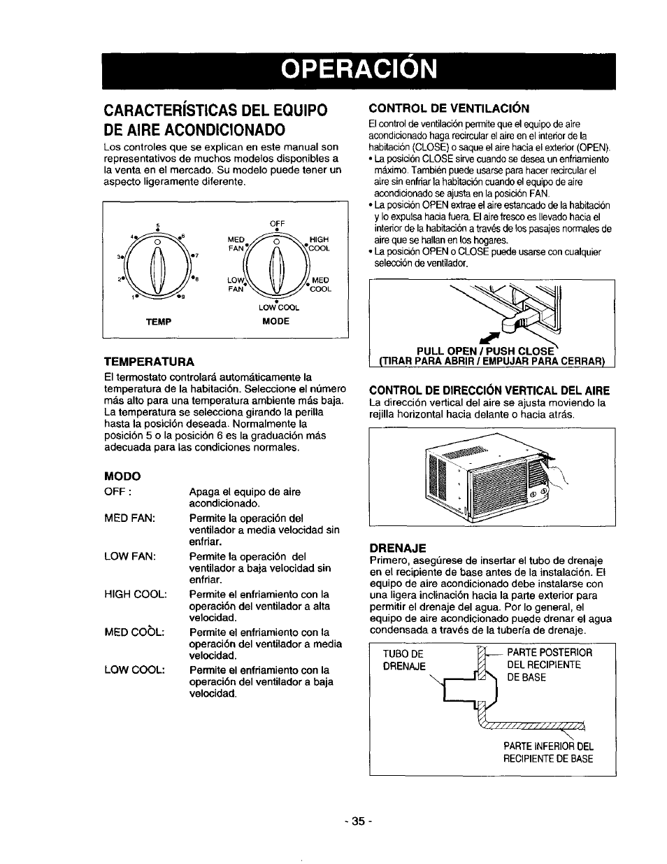 Caracteristicas del equipo de aire acondicionado, Temperatura, Modo | Control de ventilacion, Control de direccion vertical del aire, Drenaje, Operacion | Kenmore 78122 User Manual | Page 35 / 52