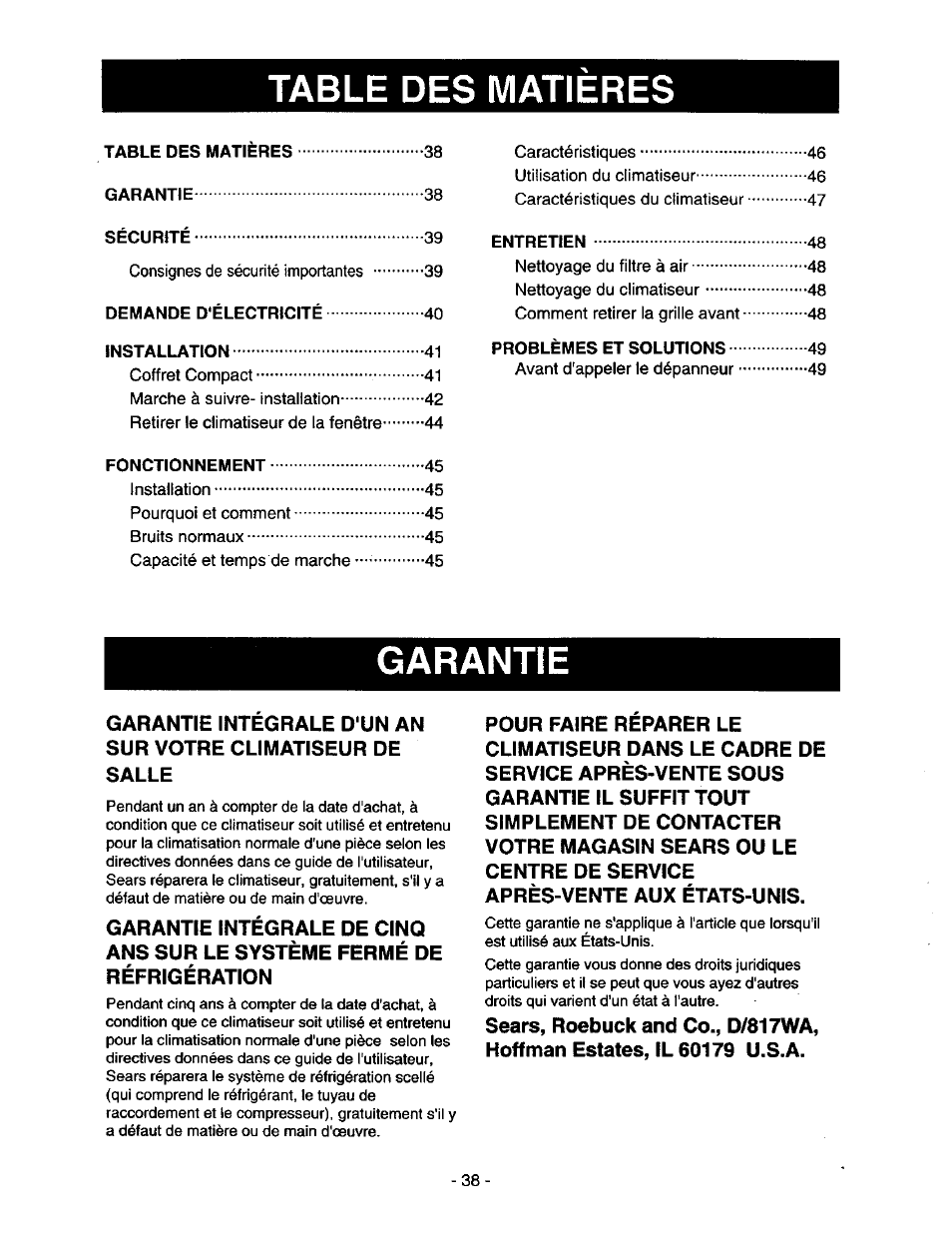 Table des matieres, Garantie | Kenmore 78122 User Manual | Page 38 / 52