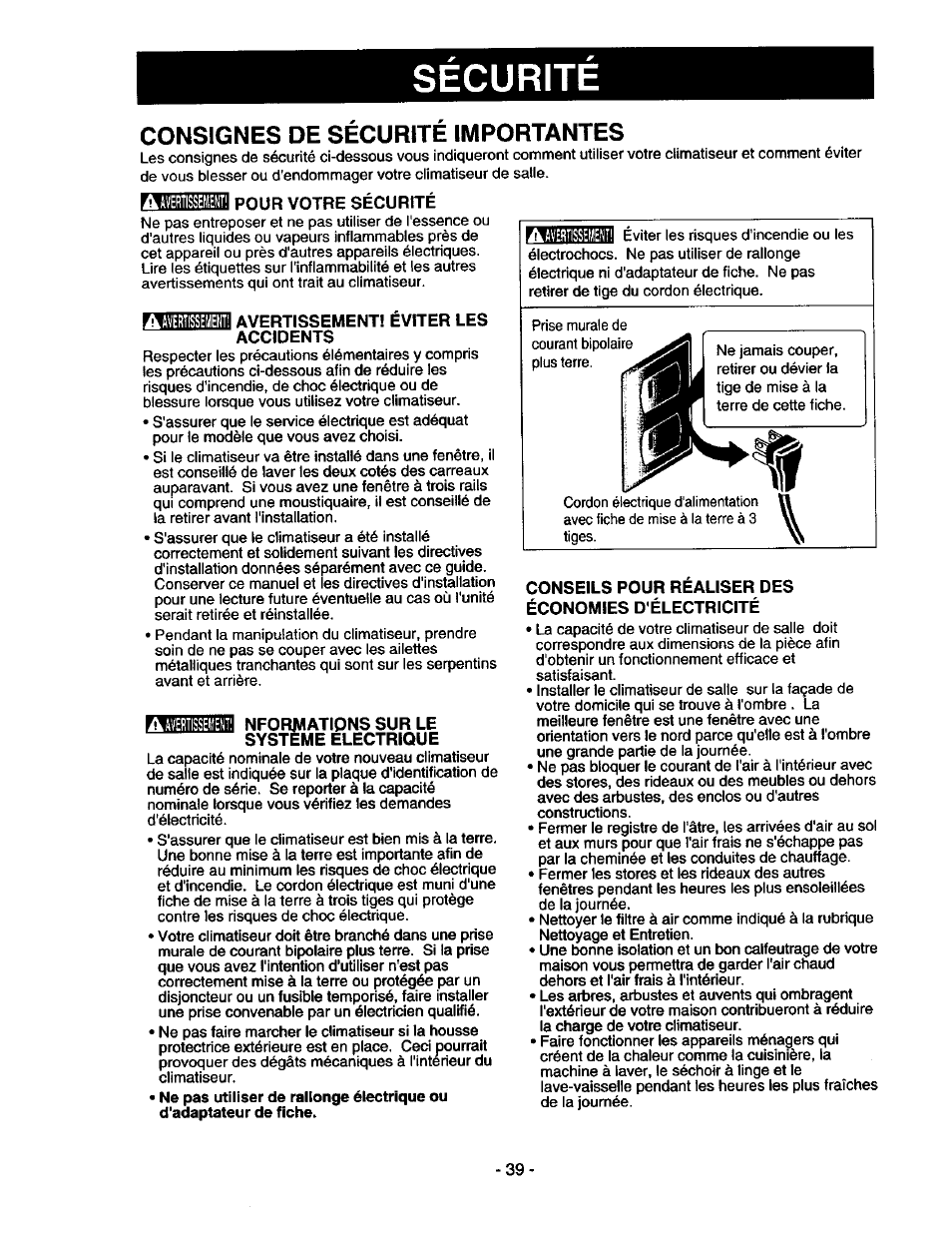 Consignes de sécurité importantes, Rifjuüiüh^mail pour votre sécurité, Ilfl avertissement! eviter les accidents | Nformatipns sur le systeme electrique, Conseils pour realiser des, Économies d'électricité, Securite | Kenmore 78122 User Manual | Page 39 / 52