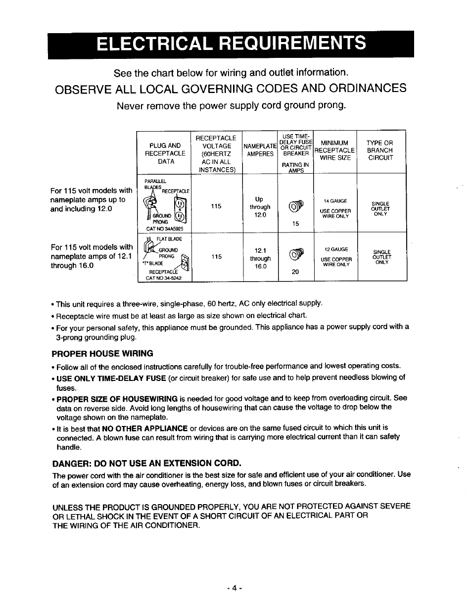 Never remove the power supply cord ground prong, Proper house wiring, Danger: do not use an extension cord | Electrical requirements, Observe all local governing codes and ordinances | Kenmore 78122 User Manual | Page 4 / 52