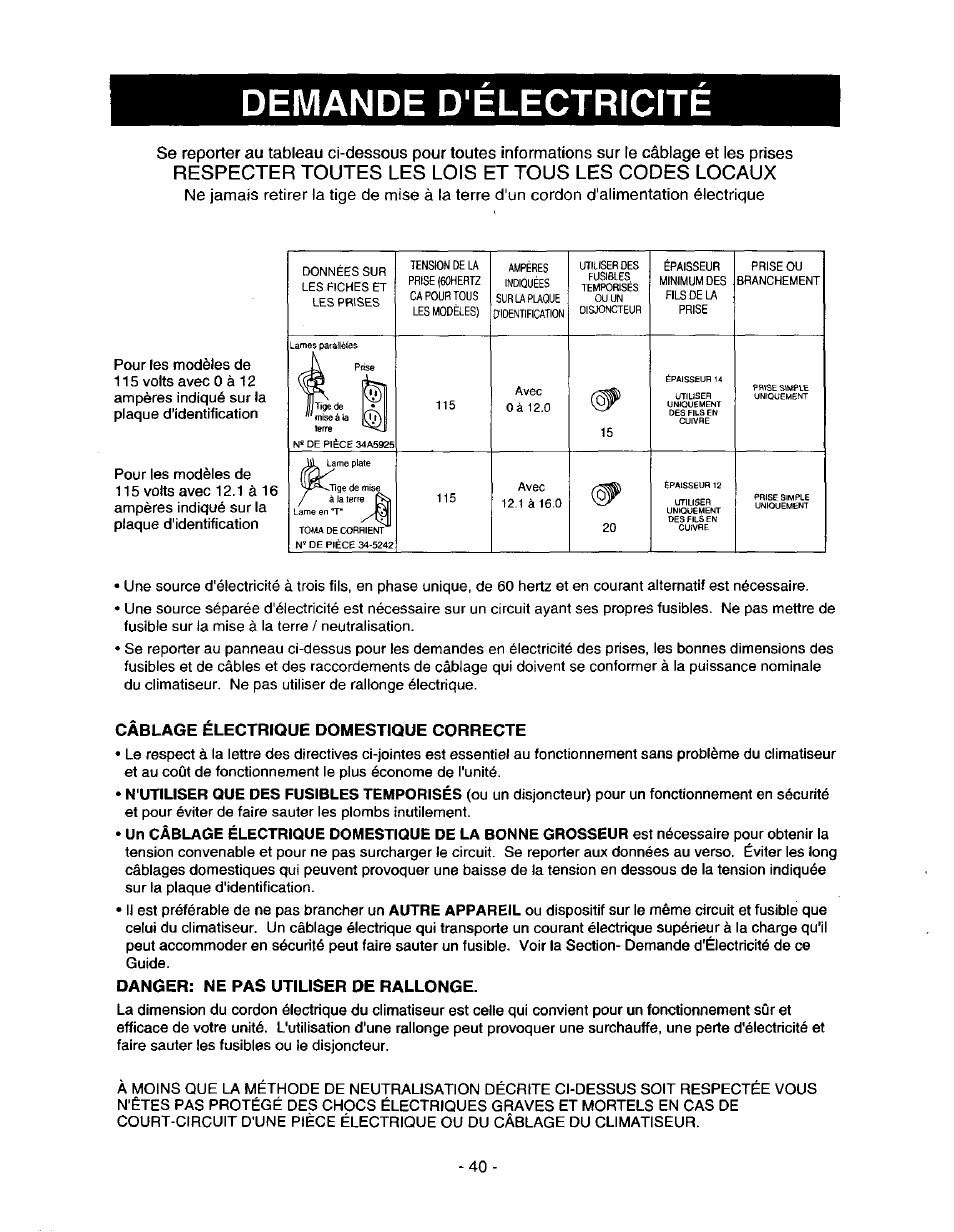 Respecter toutes les lois et tous les codes locaux, Câblage électrique domestique correcte, Danger: ne pas utiliser de rallonge | Demande d'electricite, N'utiliser que des fusibles temporisés, Autre appareil | Kenmore 78122 User Manual | Page 40 / 52