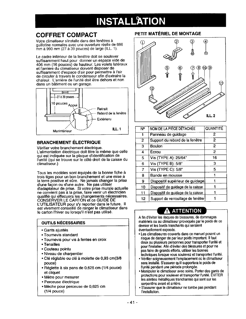 Coffret compact, Petit materiel de montage, Branchement électrique | A attention, Installation | Kenmore 78122 User Manual | Page 41 / 52