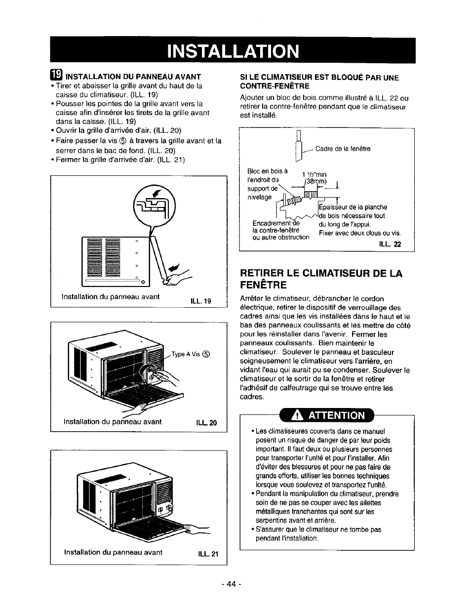 Retirer le climatiseur de la fenêtre, A attention, Installation | Kenmore 78122 User Manual | Page 44 / 52
