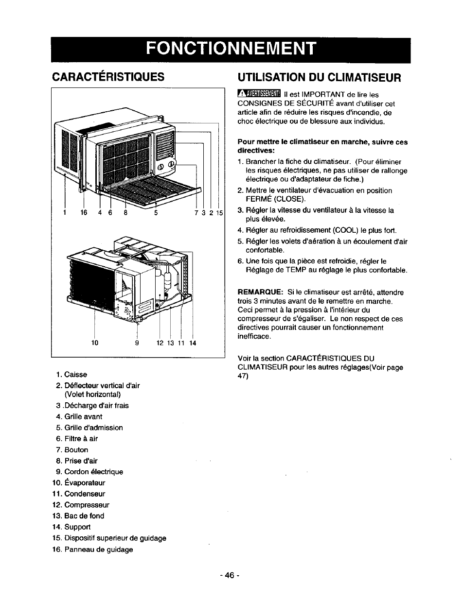 Utilisation du climatiseur, Fonctionnement, Caracteristiques utilisation du climatiseur | Kenmore 78122 User Manual | Page 46 / 52