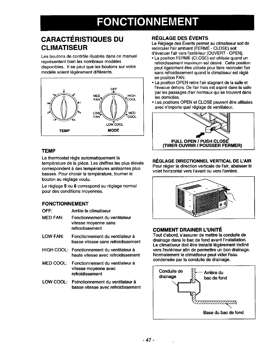 Caracteristiques du climatiseur, Temp, Fonctionnement | Reglage des events, Comment drainer l'unité, Caractéristiques du climatiseur | Kenmore 78122 User Manual | Page 47 / 52