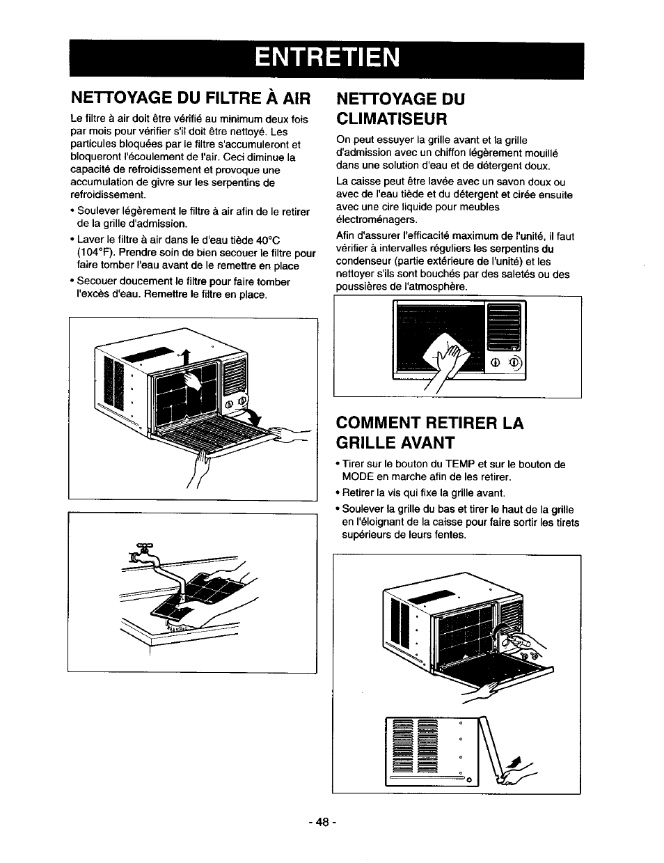 Nettoyage du filtre à air, Nettoyage du climatiseur, Comment retirer la grille avant | Entretien | Kenmore 78122 User Manual | Page 48 / 52