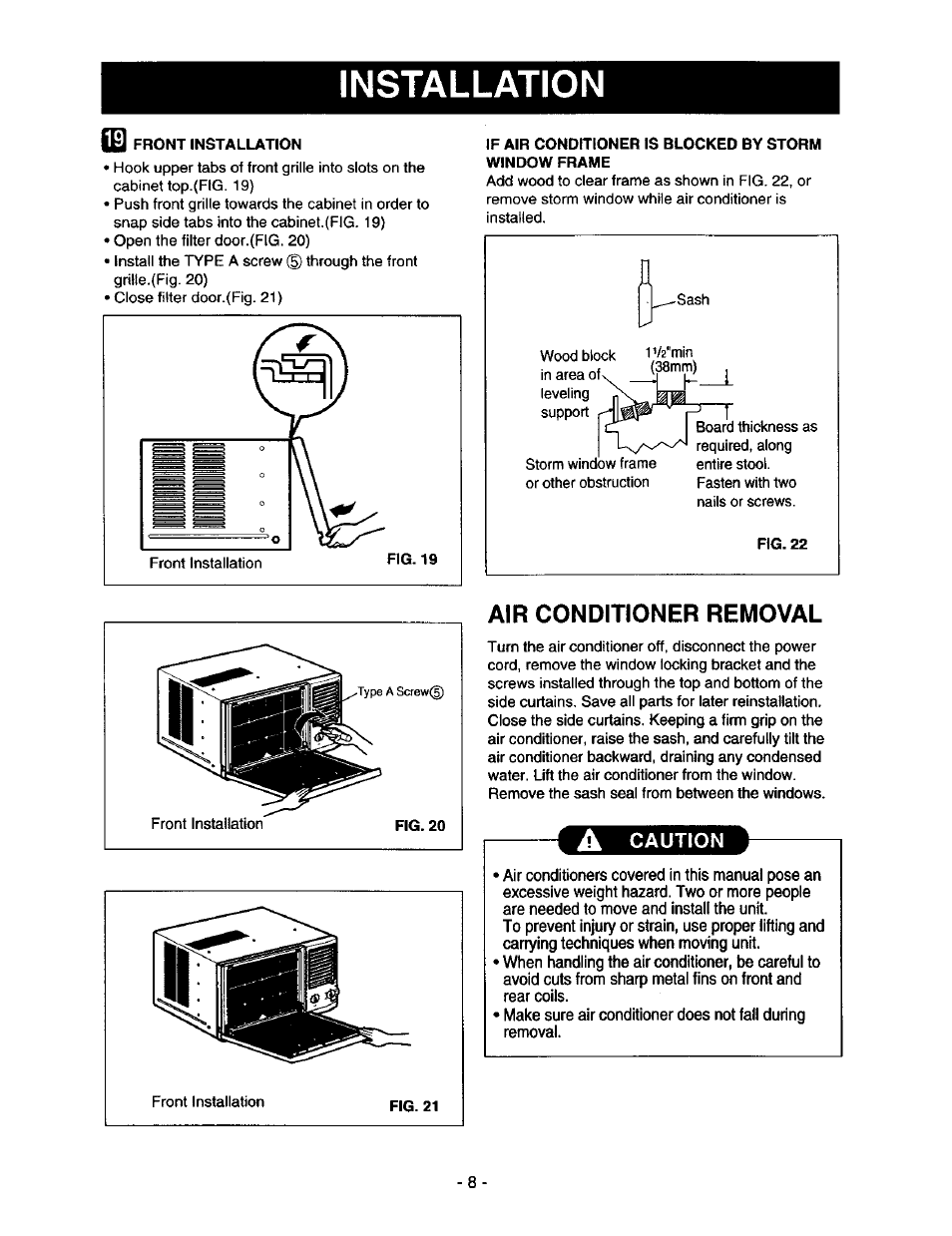 Air conditioner removal, A caution, Installation | Kenmore 78122 User Manual | Page 8 / 52