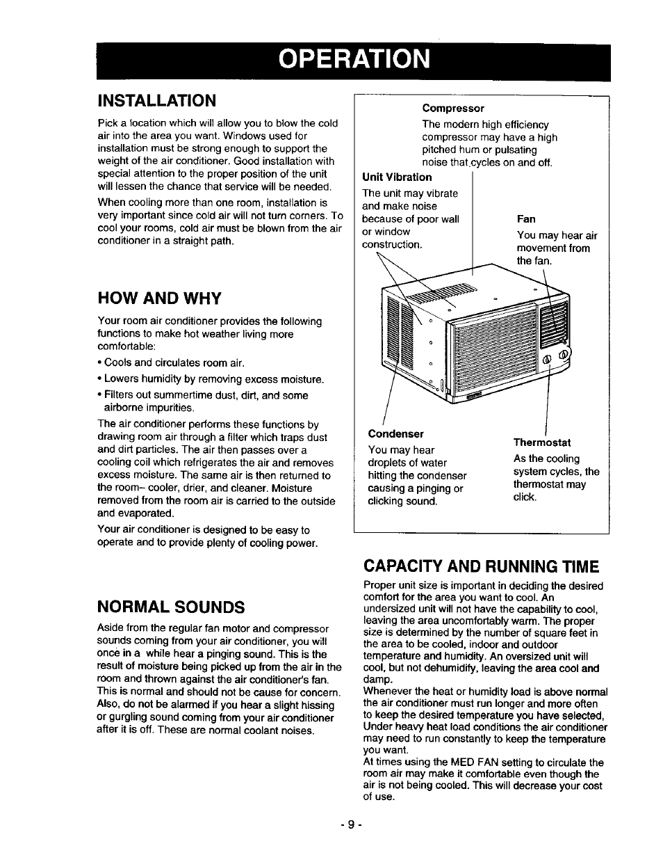 Installation, How and why, Normal sounds | Capacity and running time, Operation | Kenmore 78122 User Manual | Page 9 / 52