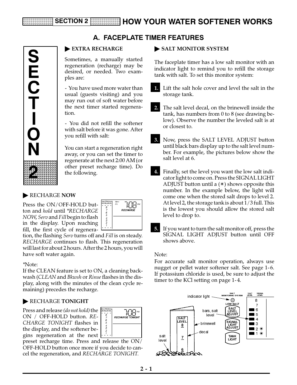 A. faceplate timer features, Extra recharge, Salt monitor system | Faceplate timer features -1, 2-2, How your water softener works | Kenmore ULTRASOFT 400 625.3884 User Manual | Page 10 / 36