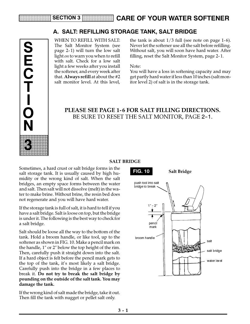 A. salt: refilling storage tank, salt bridge, Salt bridge, Salt: refilling storage tank / salt bridge -1 | Care of your water softener, Be sure to reset the salt monitor, page, Please see page 1-6 for salt filling directions | Kenmore ULTRASOFT 400 625.3884 User Manual | Page 16 / 36