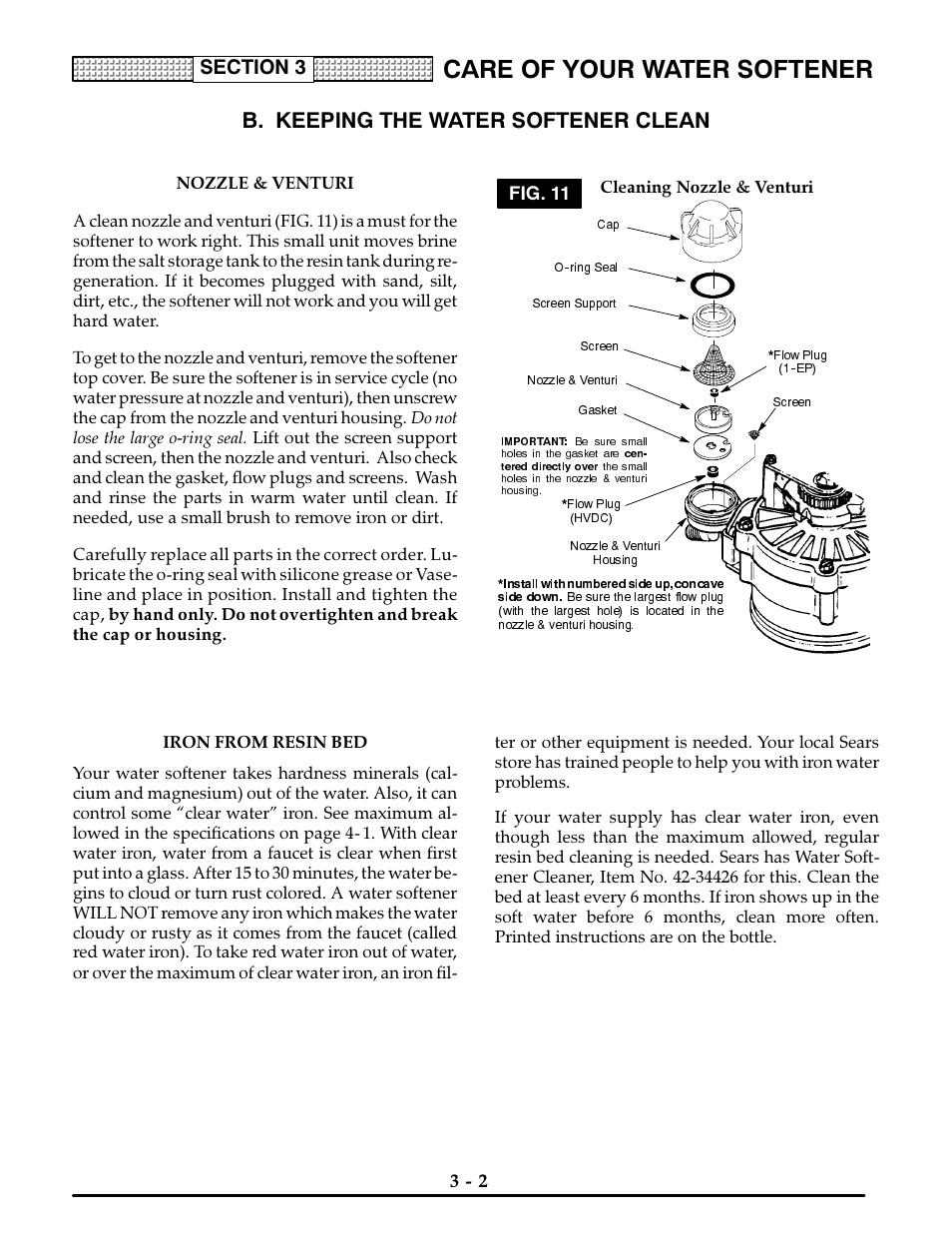 B. keeping the water softener clean, Nozzle & venturi, Fig. 11 | Iron from resin bed, Keeping the water softener clean -2, Care of your water softener, Cleaning nozzle & venturi | Kenmore ULTRASOFT 400 625.3884 User Manual | Page 17 / 36