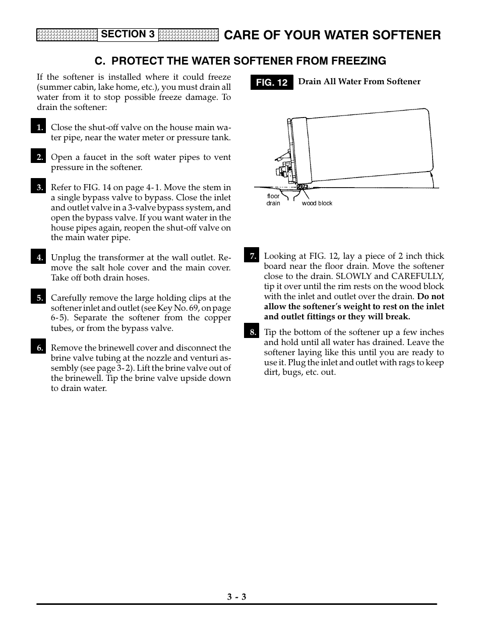 C. protect the water softener from freezing, Drain all water from softener, Protect the water softener from freezing -3 | Care of your water softener | Kenmore ULTRASOFT 400 625.3884 User Manual | Page 18 / 36