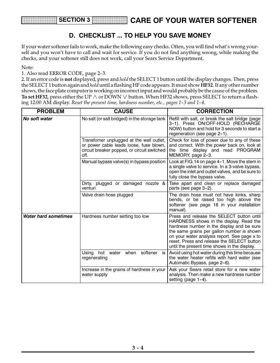 D. checklist ... to help you save money, Care of your water softener | Kenmore ULTRASOFT 400 625.3884 User Manual | Page 19 / 36