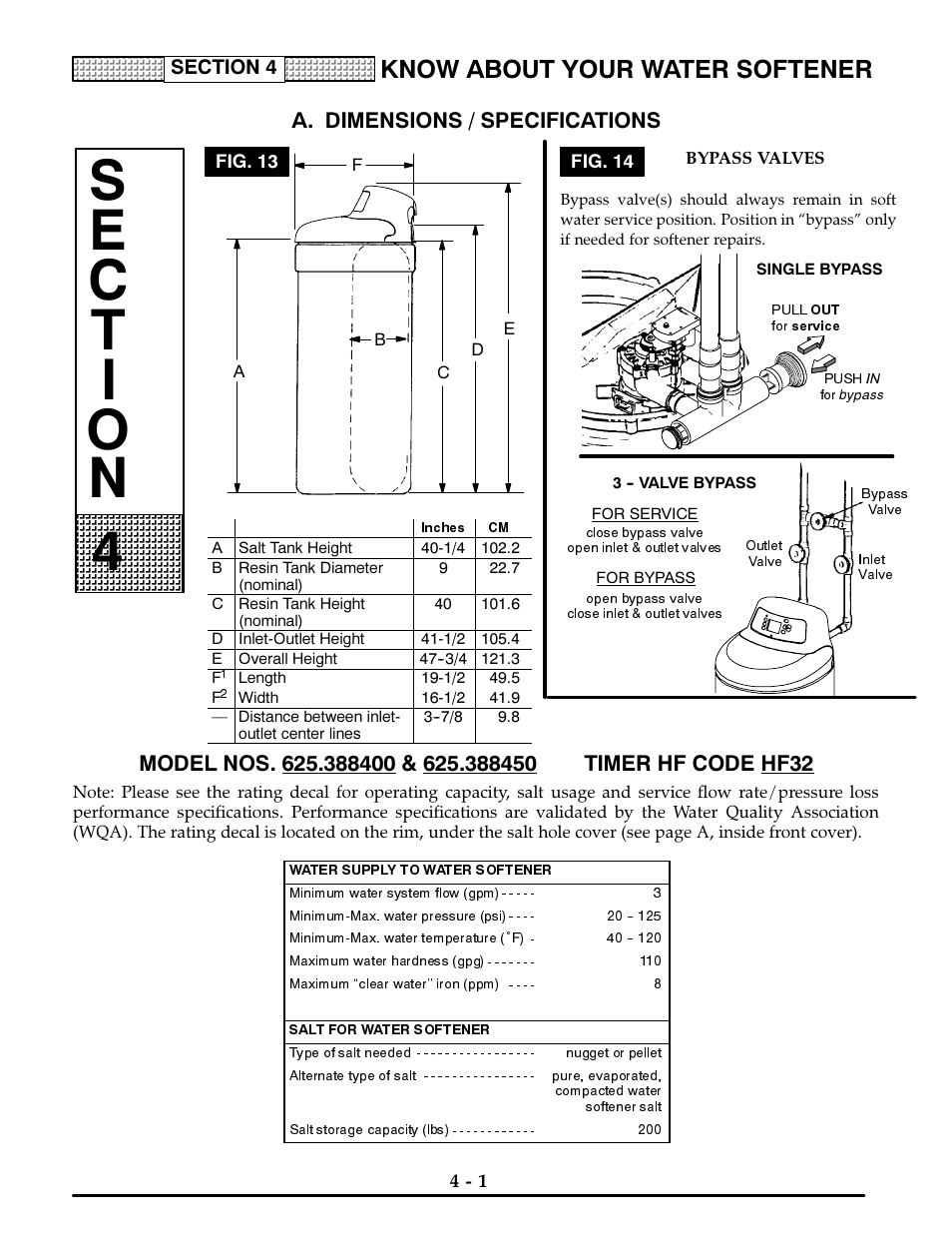 A. dimensions / specifications, Fig. 14, Bypass valves | Single bypass, 3 - valve bypass, Model nos. 625.388400 & 625.388450, Dimensions/ specifications -1, 4-2, Know about your water softener | Kenmore ULTRASOFT 400 625.3884 User Manual | Page 20 / 36