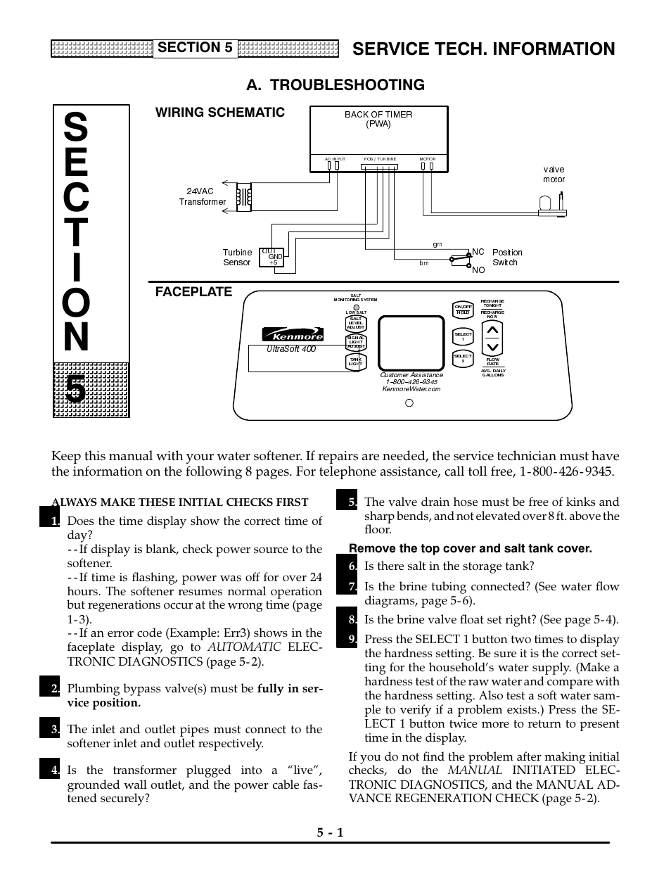 A. troubleshooting, Wiring schematic, Faceplate | Remove the top cover and salt tank cover, Service tech. information | Kenmore ULTRASOFT 400 625.3884 User Manual | Page 22 / 36