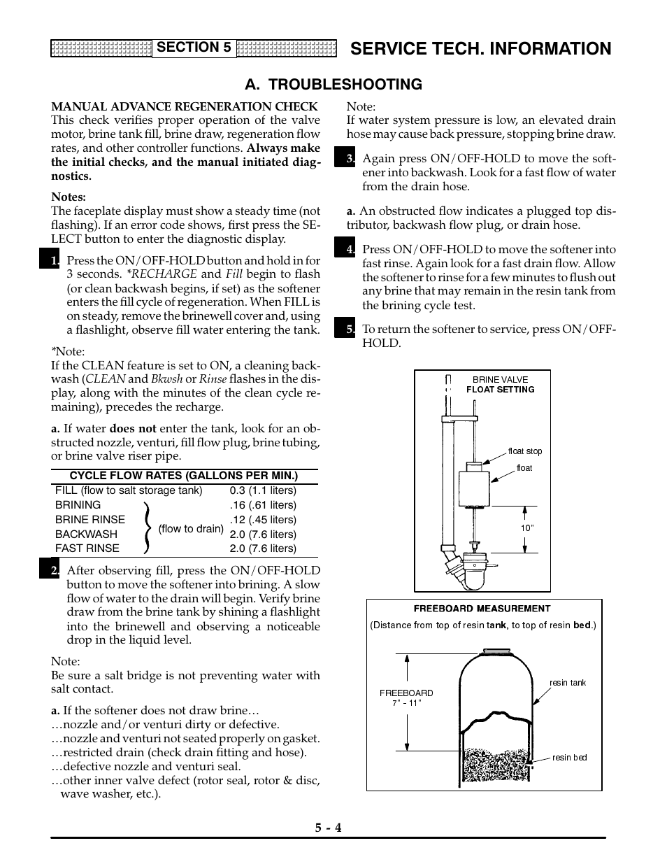 A. troubleshooting, Manual advance regeneration check, Notes | Cycle flow rates (gallons per min.), Service tech. information | Kenmore ULTRASOFT 400 625.3884 User Manual | Page 25 / 36