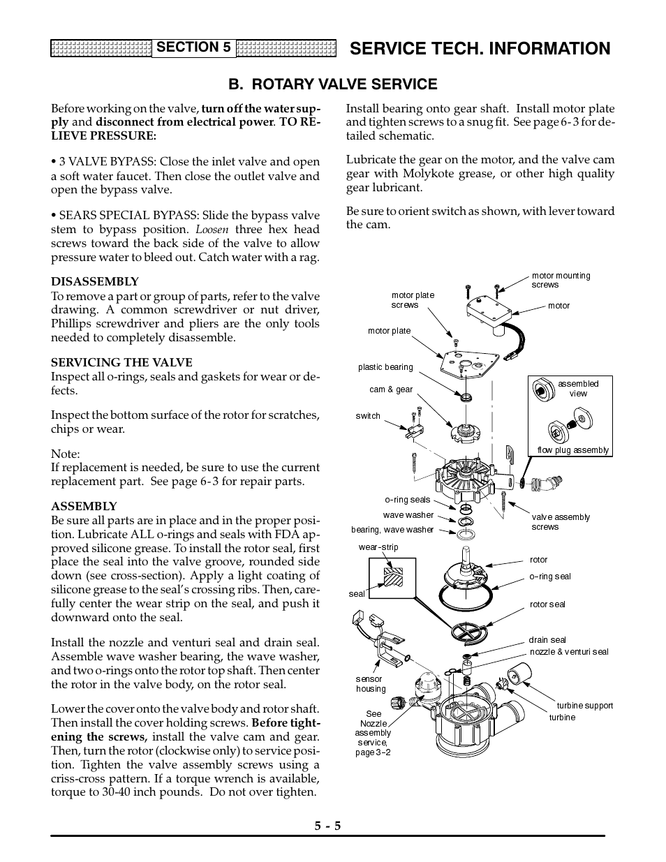 B. rotary valve service, Disassembly, Servicing the valve | Assembly, Rotary valve service -5, Service tech. information | Kenmore ULTRASOFT 400 625.3884 User Manual | Page 26 / 36