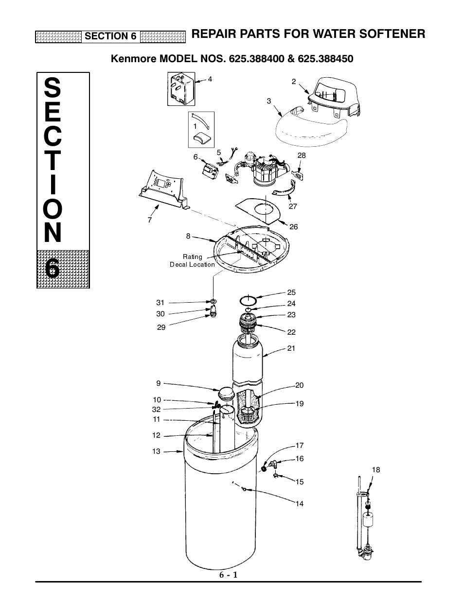 Kenmore model nos. 625.388400 & 625.388450, Repair parts for water softener | Kenmore ULTRASOFT 400 625.3884 User Manual | Page 30 / 36