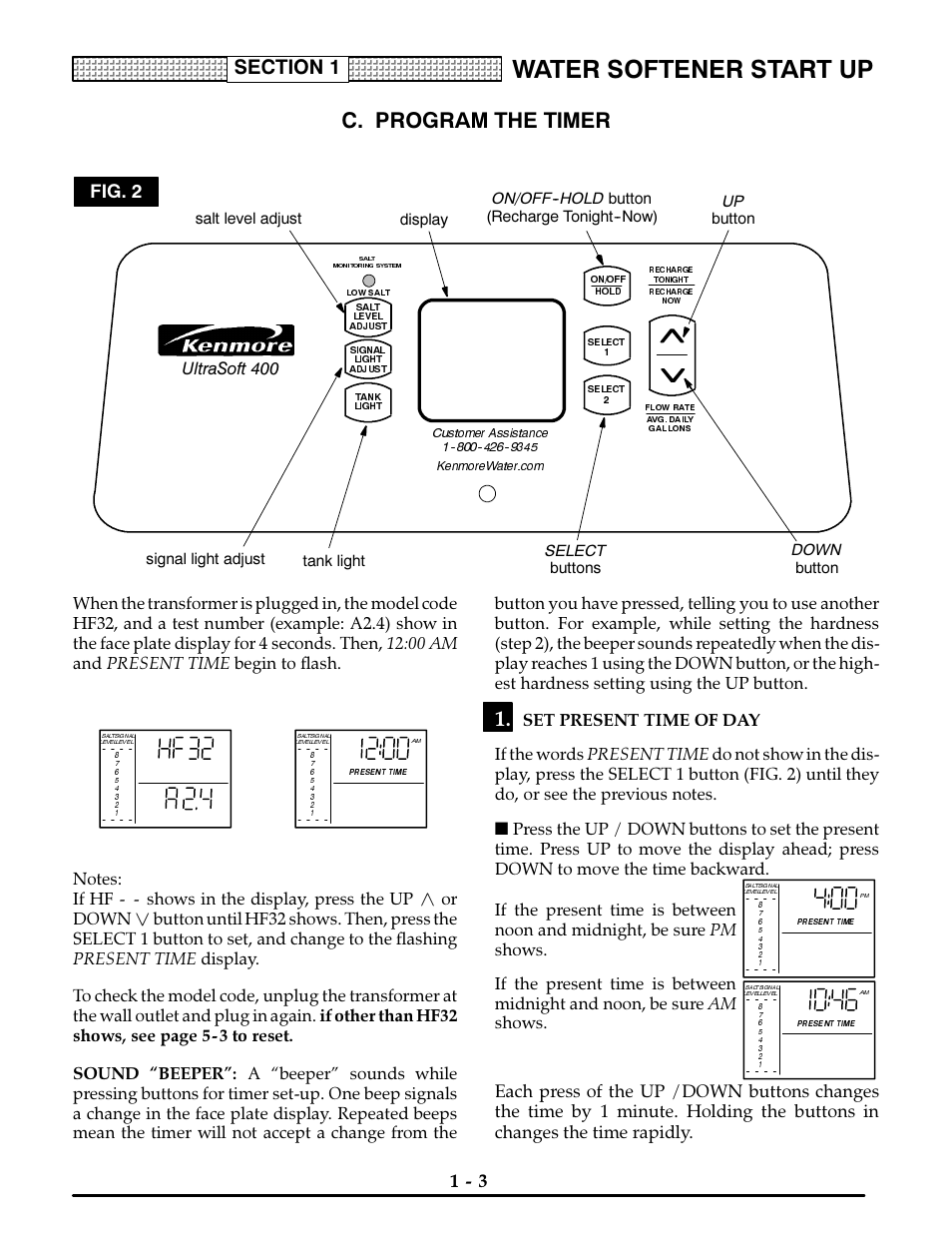 C. program the timer, Set present time of day, Water softener start up | Fig. 2, Iic'uu, H'uu | Kenmore ULTRASOFT 400 625.3884 User Manual | Page 6 / 36