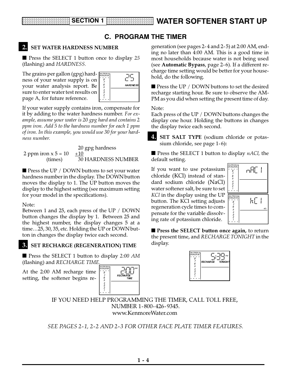 C. program the timer, Set water hardness number, Set recharge (regeneration) time | C'uli, Water softener start up, Kcl), Nacl), N r c i, K c l, Instead of stan­ dard sodium chloride | Kenmore ULTRASOFT 400 625.3884 User Manual | Page 7 / 36