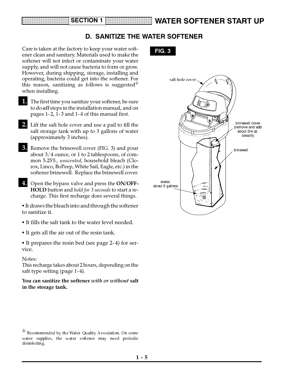 D. sanitize the water softener, Sanitizing the water softener -5, Water softener start up | Kenmore ULTRASOFT 400 625.3884 User Manual | Page 8 / 36