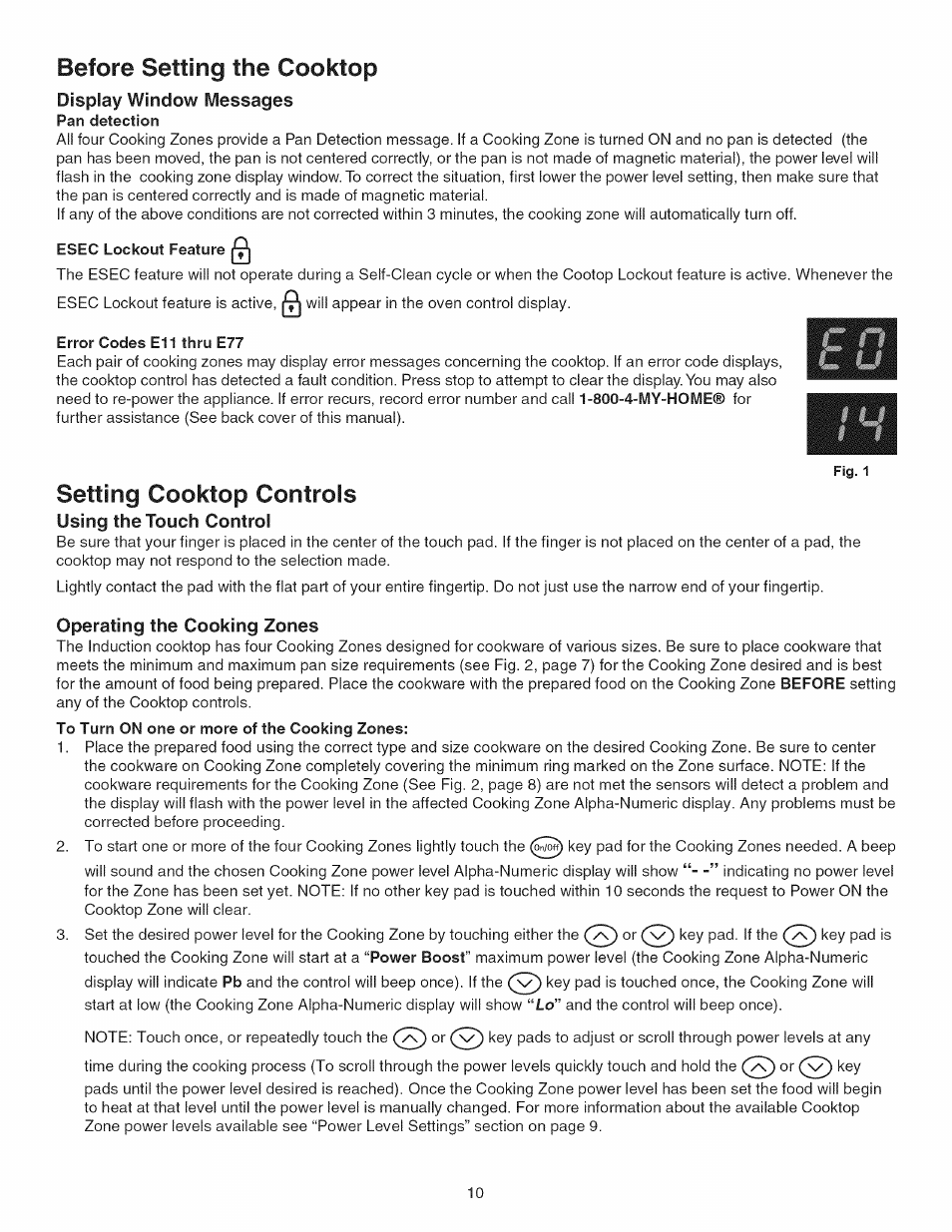 Error codes e11 thru e77, Using the touch control, Operating the cooking zones | Setting the cooktop controls -12, Before setting the cooktop, Setting cooktop controls | Kenmore 790.45 User Manual | Page 10 / 48