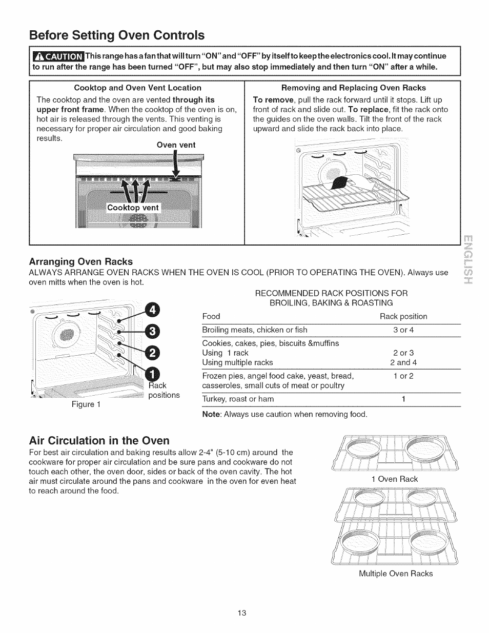 Ik caution, Cooktop and oven vent location, Removing and replacing oven racks | Arranging oven racks, Air circulation in the oven, Before setting oven controls | Kenmore 790.45 User Manual | Page 13 / 48