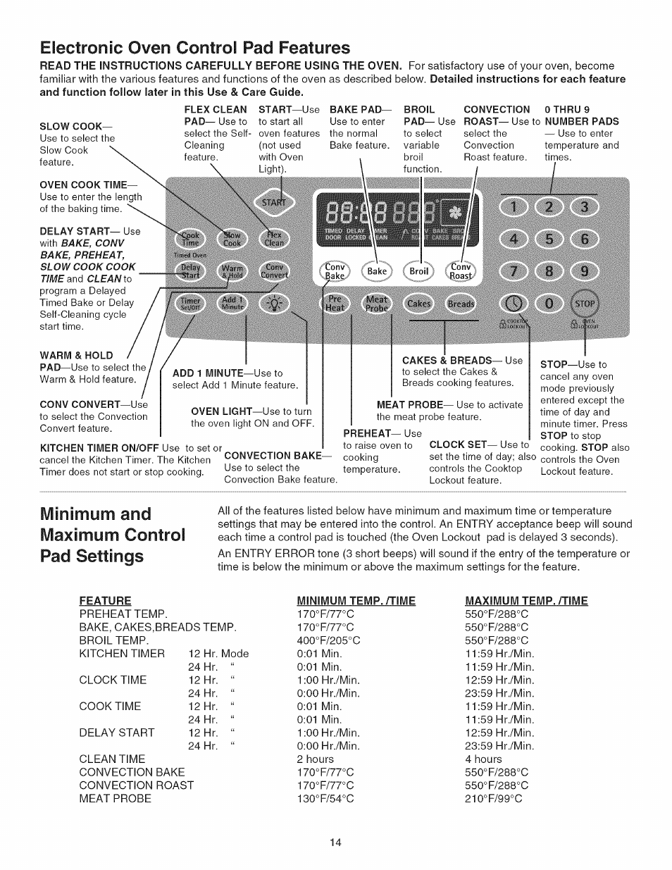 Slow cook, Oven cook time, Warm & hold | Conv convert—use, Flex clean start—use bake pad— broil, Convection 0 thru 9 roast— use to number pads, Convection bake, Cakes & breads— use, Preheat— use, Feature | Kenmore 790.45 User Manual | Page 14 / 48