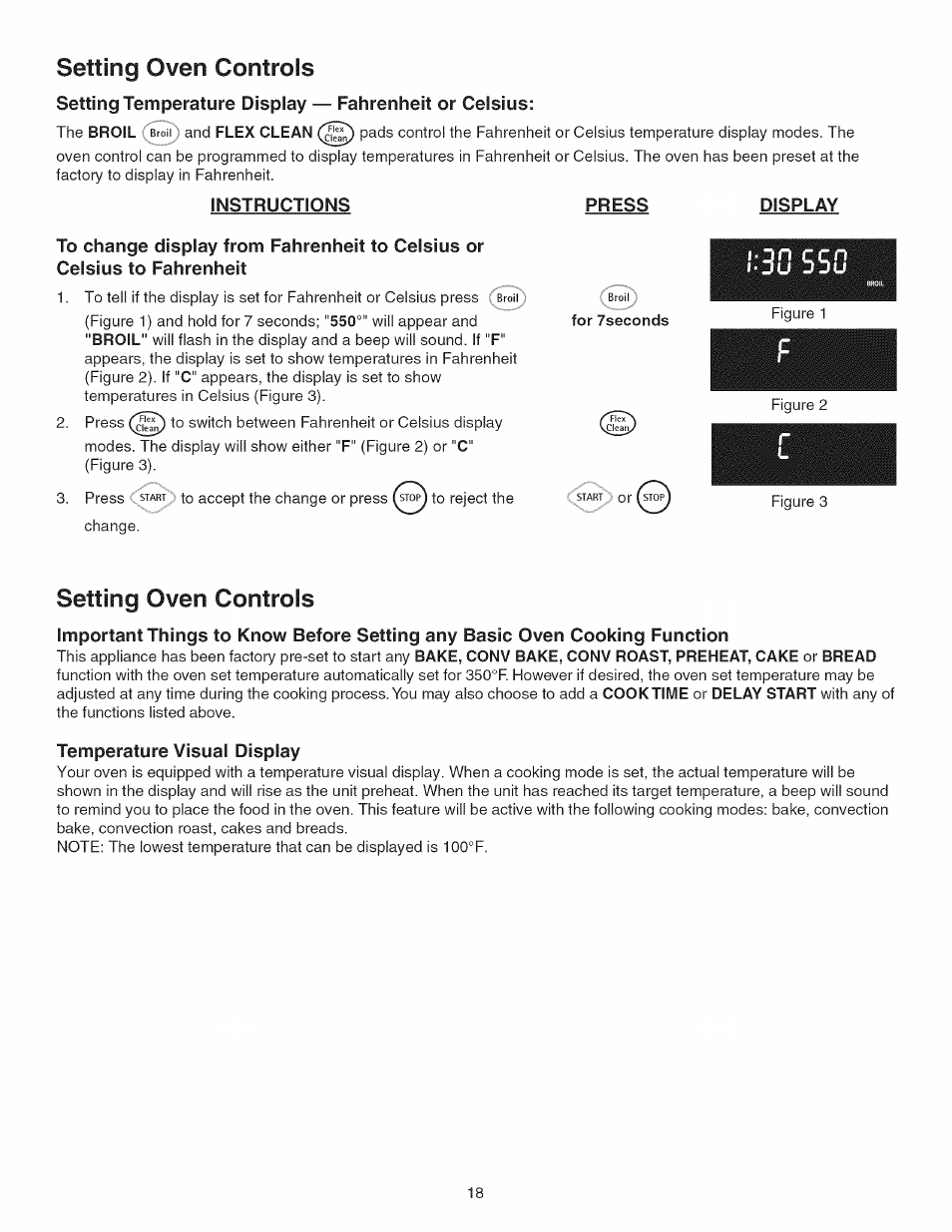 Fortseconds, Instructions press, Display | Temperature visual display, Setting oven controls | Kenmore 790.45 User Manual | Page 18 / 48