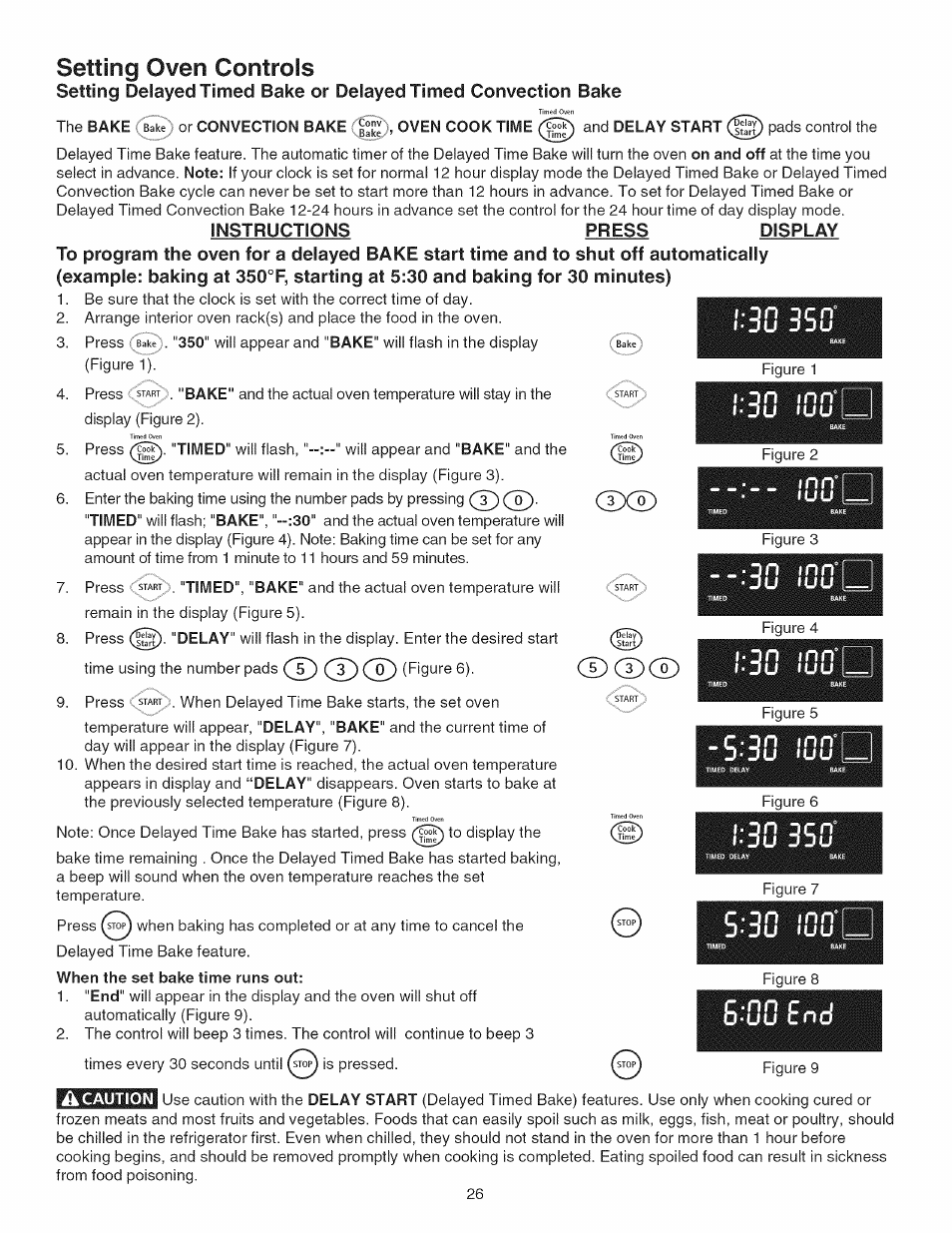 Instructions press display, When the set bake time runs out, 30 3s0 | Setting oven controls, On mn, C-dn mn | Kenmore 790.45 User Manual | Page 26 / 48