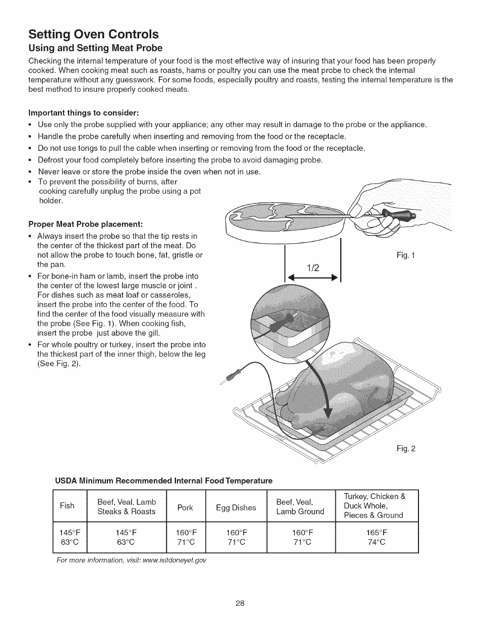 Important things to consider, Proper meat probe placement, Setting oven controls | Using and setting meat probe | Kenmore 790.45 User Manual | Page 28 / 48