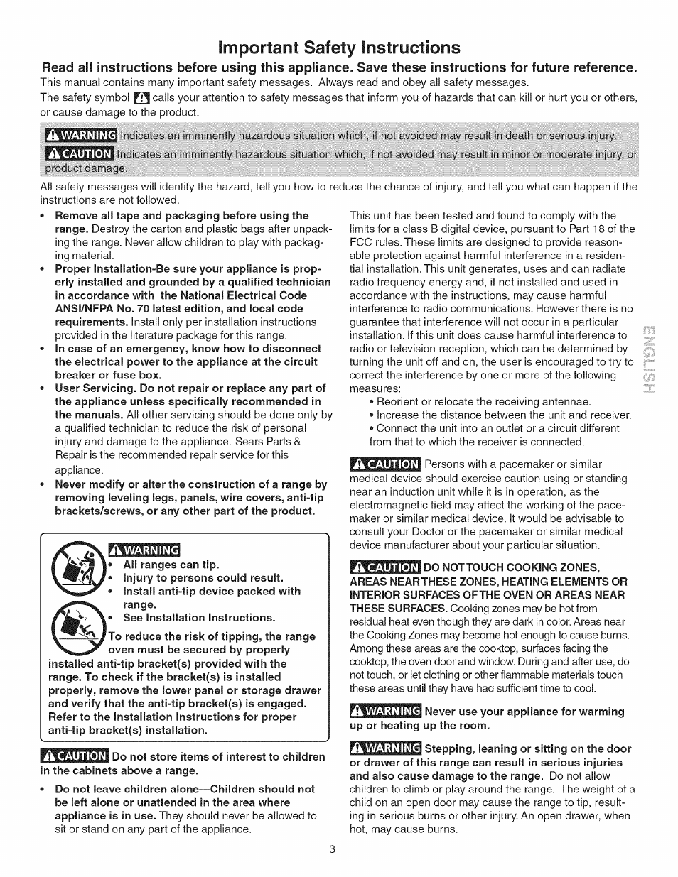 Ik caution, I do not touch cooking zones, Ik warning | Important safety instructions | Kenmore 790.45 User Manual | Page 3 / 48