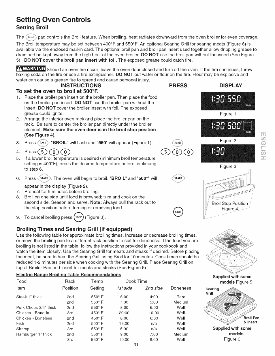 Instructions, Press, To set the oven to broil at 500°f | Display, Broiling times and searing grill (if equipped), Supplied with some models figure 5, I) (2), St side, Side, Setting oven controls | Kenmore 790.45 User Manual | Page 31 / 48