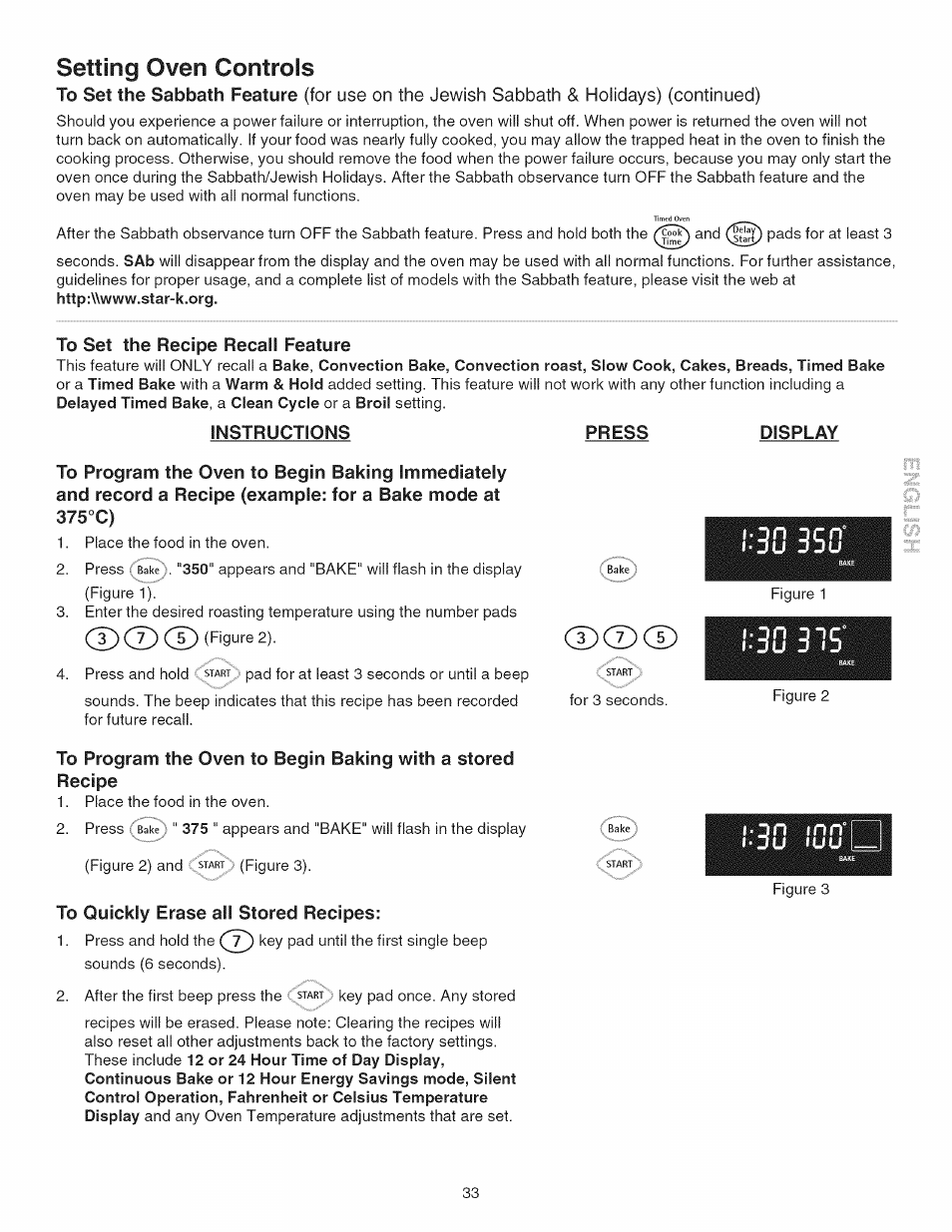 To set the recipe recall feature, Instructions, To quickly erase all stored recipes | Press, Display, To set the rcipe recall feature, Dxdcd, Setting oven controls, Do inn, Press display | Kenmore 790.45 User Manual | Page 33 / 48