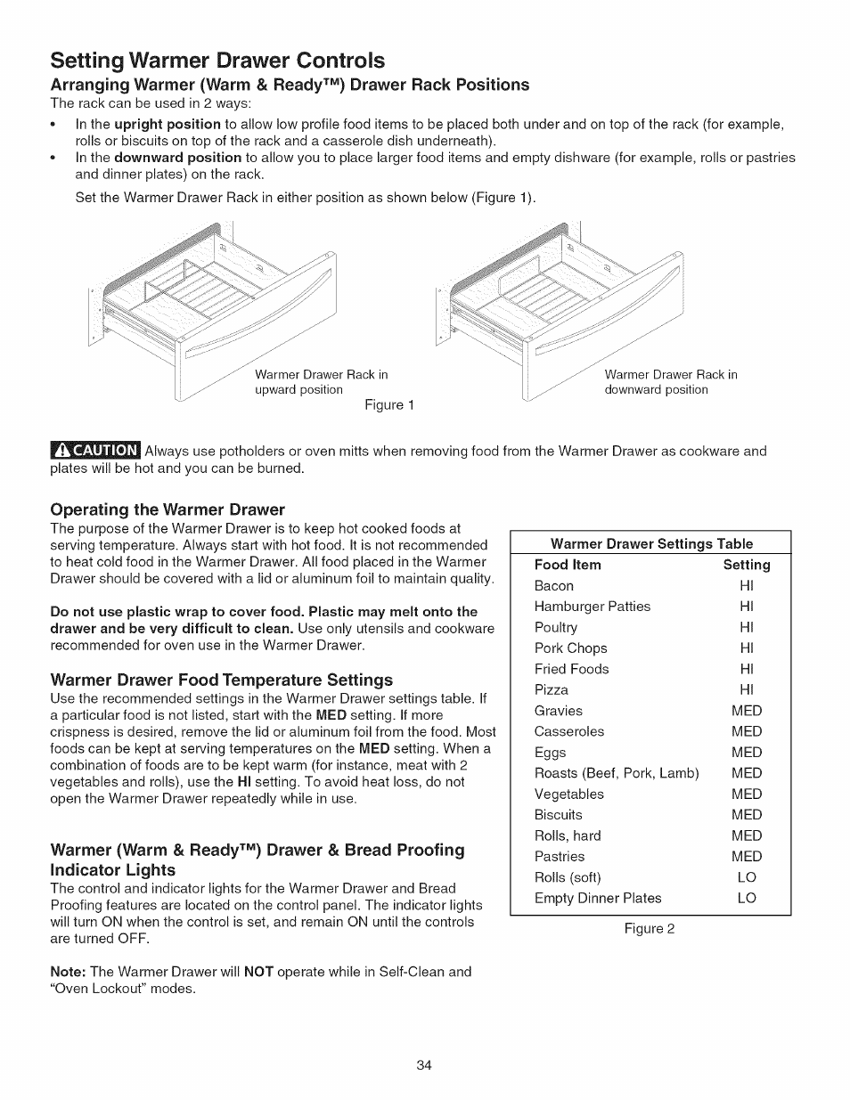 Operating the warmer drawer, Warmer drawer food temperature settings, Setting warmer drawer controls | Eggs | Kenmore 790.45 User Manual | Page 34 / 48