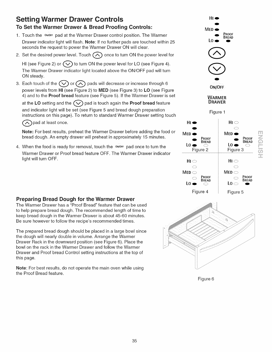 Preparing bread dough for the warmer drawer, Setting warmer drawer controls | Kenmore 790.45 User Manual | Page 35 / 48