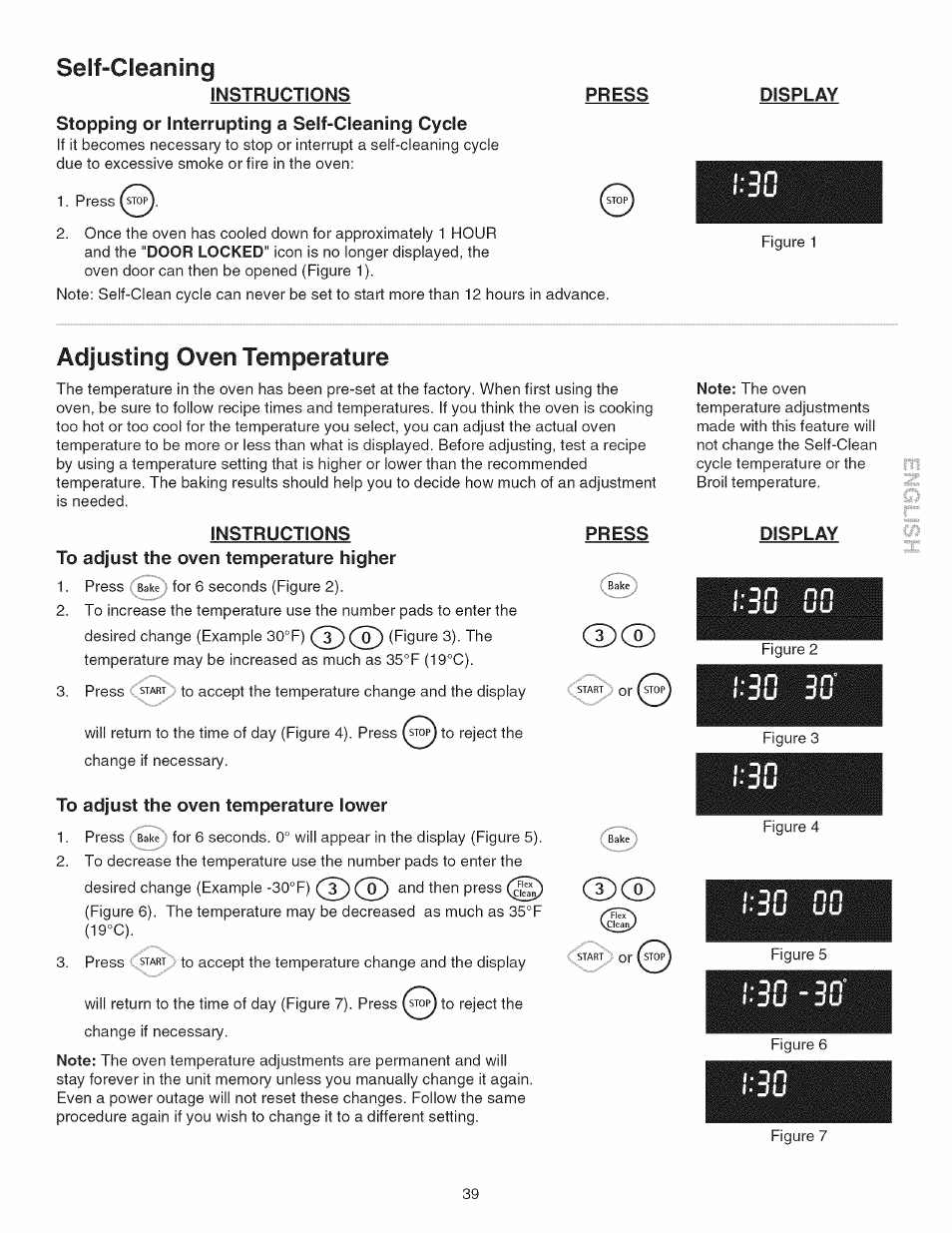 Instructions, To adjust the oven temperature higher, To adjust the oven temperature lower | Press, Display, U uu, Ju ju, Adjusting the oven temperature, Seif-cleaning, Adjusting oven temperature | Kenmore 790.45 User Manual | Page 39 / 48