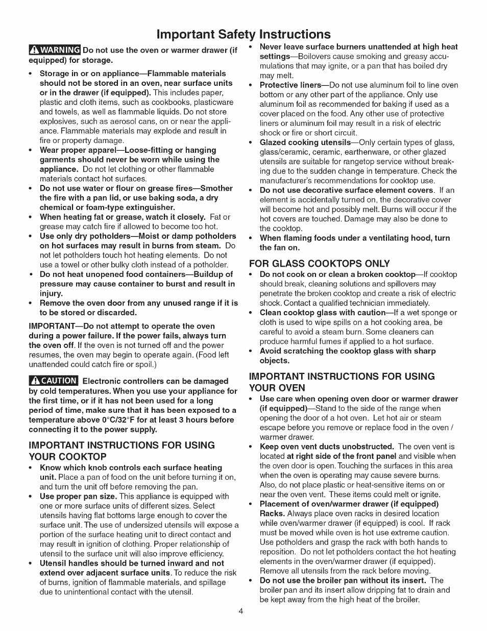 Important instructions for using your cooktop, For glass cooktops only, Important instructions for using your oven | Important safety instructions | Kenmore 790.45 User Manual | Page 4 / 48